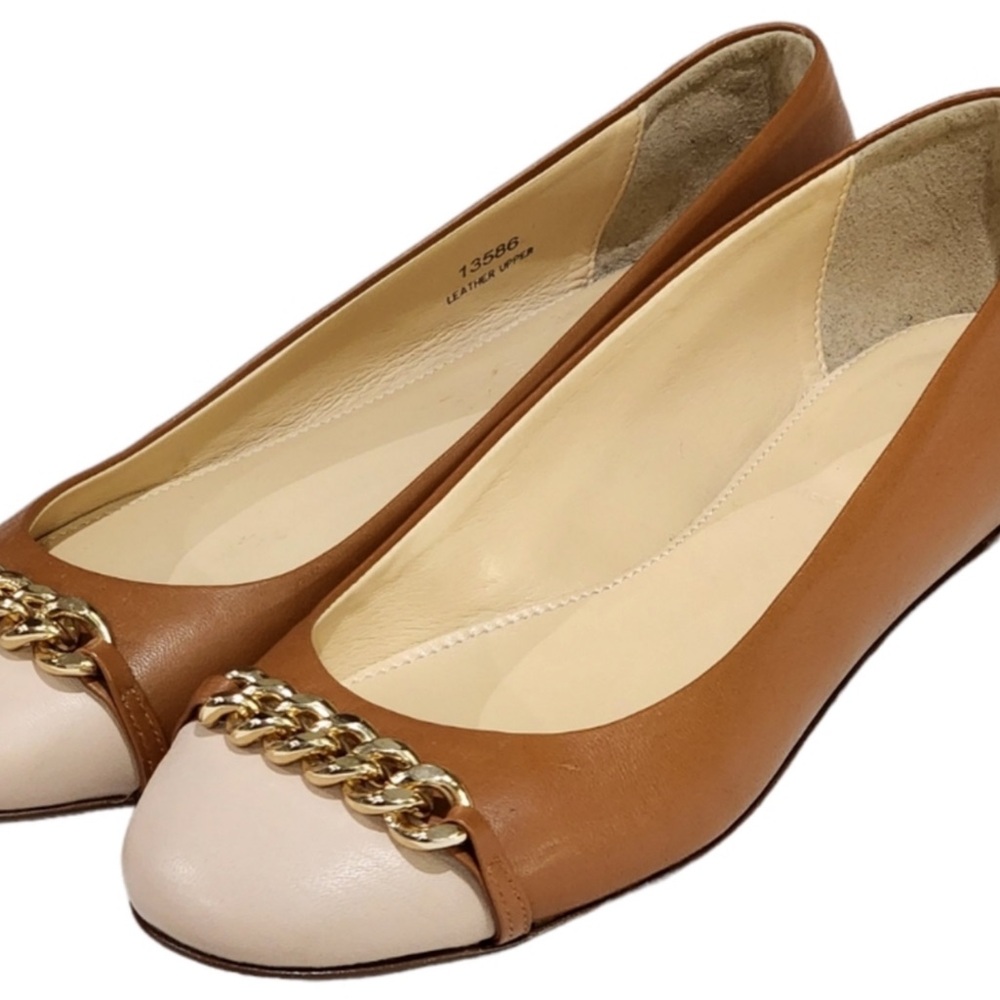 J.crew Nora leather cap toe ballet flat with chain pink & brown Sz 6.5 Italian